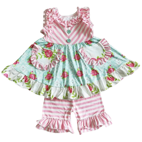 Sleeveless Patchwork Floral Stripe Ruffle Shorts Set
