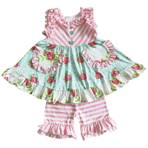 Summer Sleeveless Patchwork Floral Stripe Ruffle Shorts Set