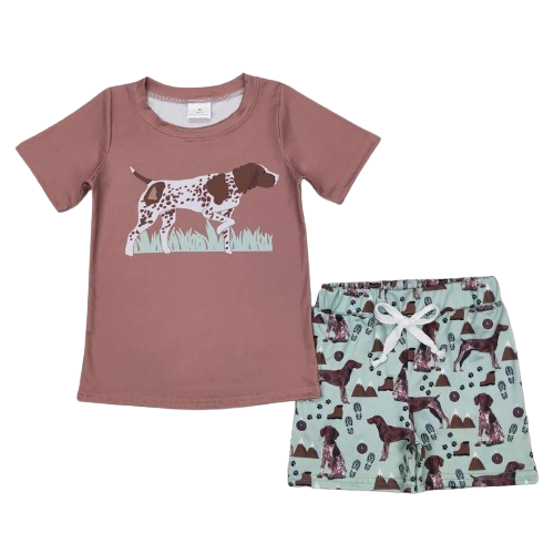 Boys Summer Shorts Outfit - Brown Hunting Dog Kids Clothes