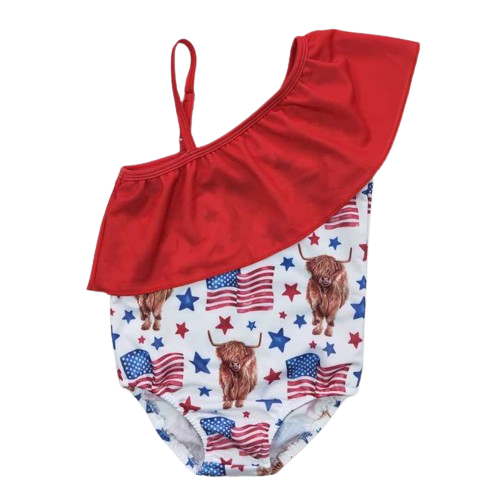 Girls Fourth of July Swimsuit - Patriotic Western Cow Kids