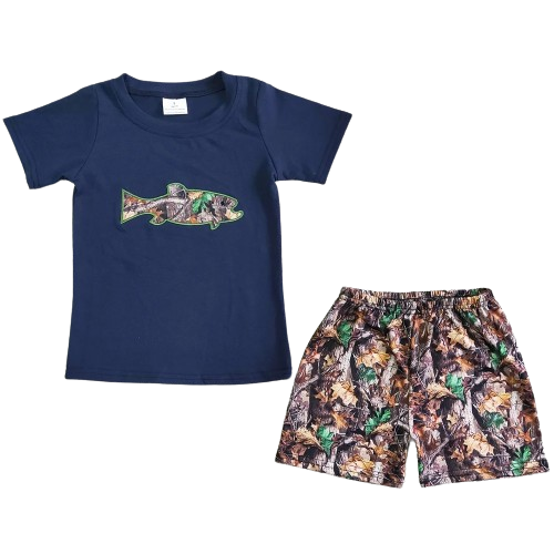 Preppy Camo Fish Outfit Southwest Short Sleeve Shirt and Shorts - Kids Clothing