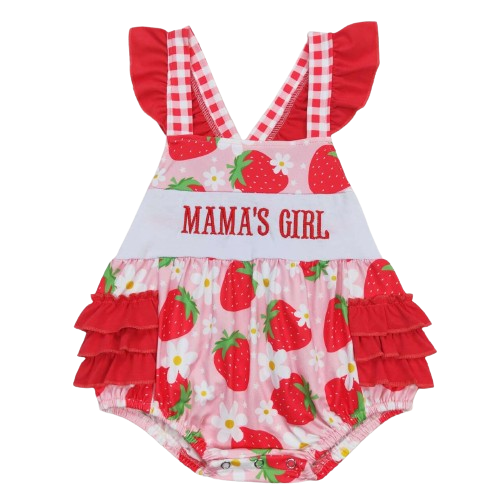 Mama's Girl Strawberry Gingham Ruffle Romper Summer
