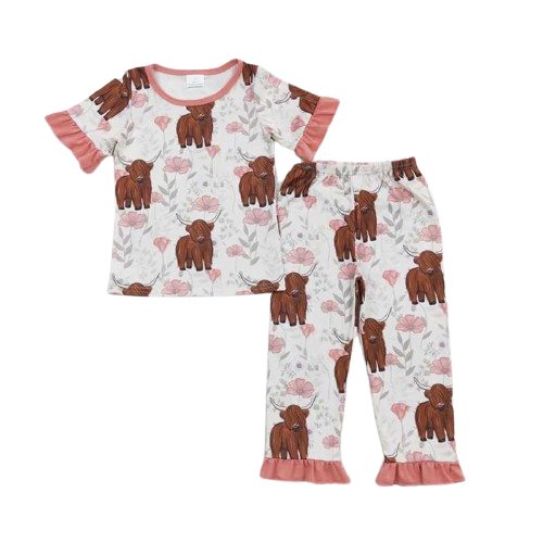 Floral Highland Cow Girls Flutter Sleeve Loungewear Outfit