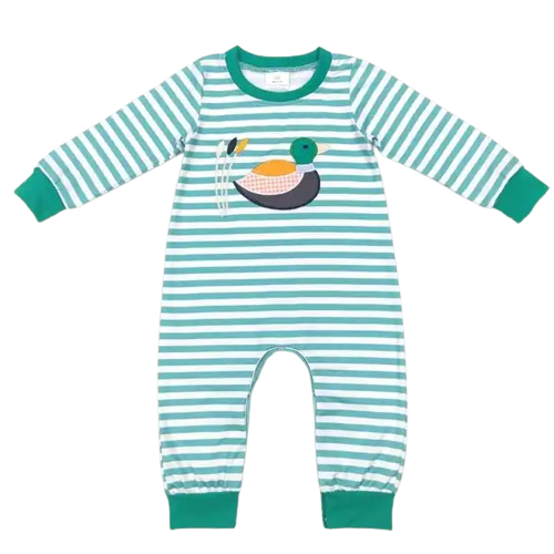 Summer Western Ducks Long Sleeve Striped Zip Romper - Baby