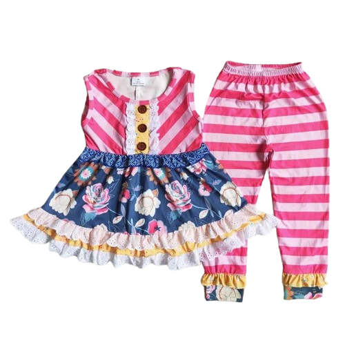 Sleeveless Pink & Navy Stripe Floral Top & Pants Set