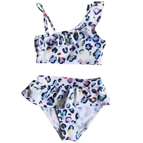Girls Western Swimsuit - Two Piece Rainbow Leopard Ruffle
