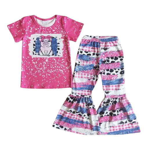 Summer  Pink Piggy Cow Print Outfit Southwest Short Sleeve Shirt and Pants - Kids Clothes