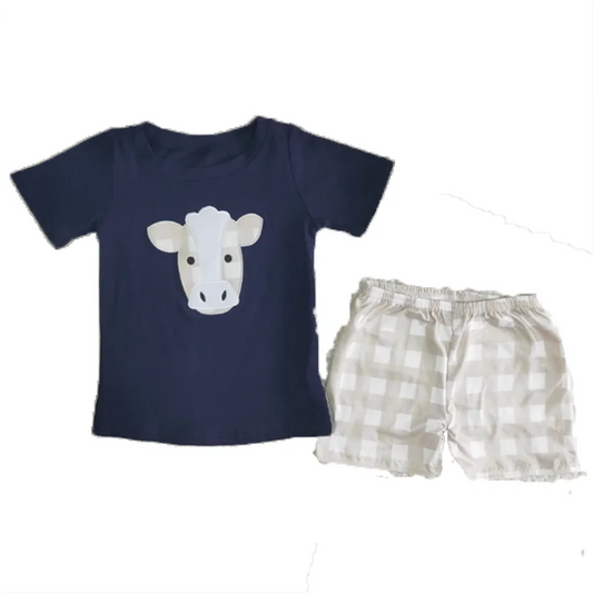 Navy Cow Plaid Boys Western Summer Shorts Set - Kids Clothes