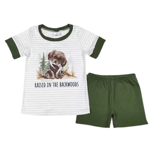 Summer Backwoods Puppy Boys Outfit Western Short Sleeve Shirt and Shorts - Kids Clothes