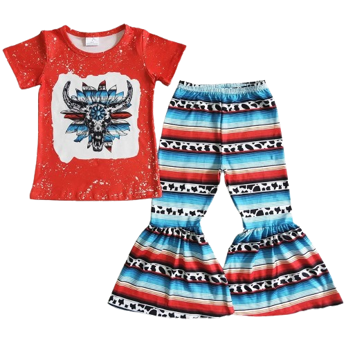 Summer Serape Stripe Steer Skull Outfit Western Short Sleeve Shirt and Pants - Kids Clothes