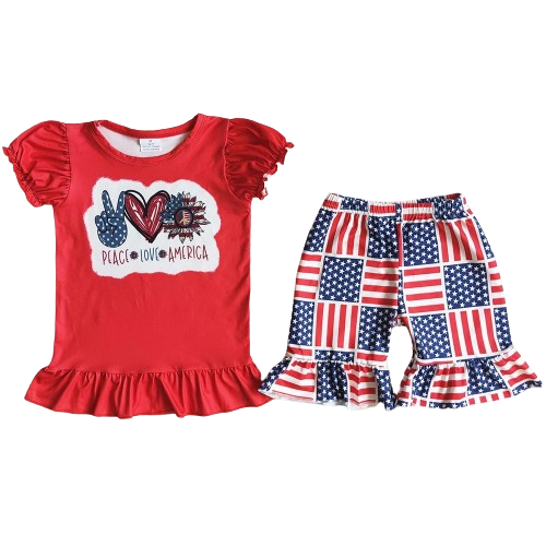 "Peace Love America" Outfit 4th of July Short Sleeve Shirt and Shorts - Kids Clothing