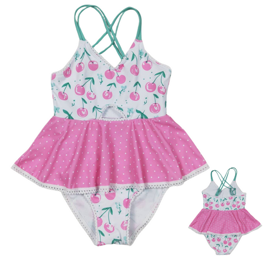 Summer  Mint/Pink Skirted One Piece Outfit Floral Bathing Suit - Kids Clothing