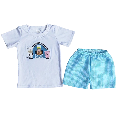 Cow, Horse, and Pig in the Barn Outfit Southwest Short Sleeve Shirt and Shorts - Kids Clothing