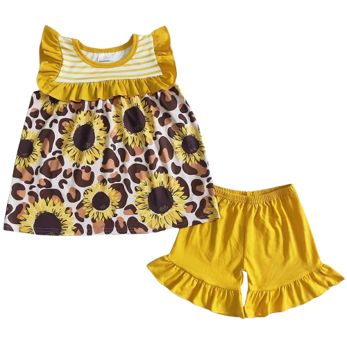 Girls Summer Shorts Outfit - Western Leopard Print Sunflower