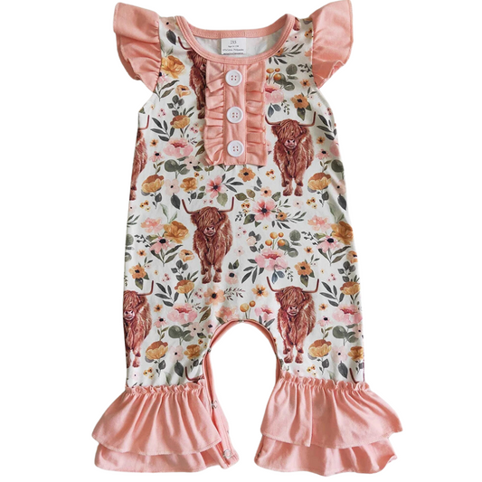 FLORAL HIGHLAND COW Sleeveless Ruffle Trim Jumpsuit/Romper
