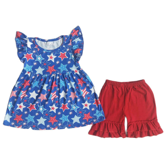 Summer Flutter Sleeve Tunic Outfit 4th of July Short Sleeve Shirt and Shorts - Kids Clothes