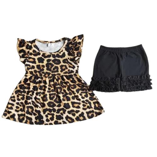 Girls Summer Shorts Outfit - Western Leopard Flutter Sleeve