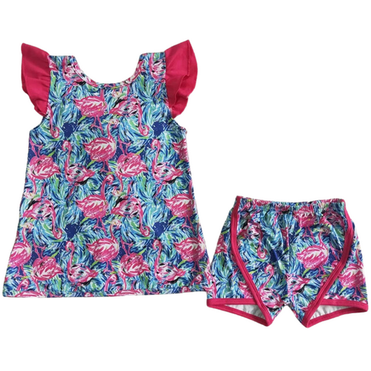 Summer Flutter Sleeve Resort Flamingo Outfit Floral Short Sleeve Shirt and Shorts - Kids Clothes