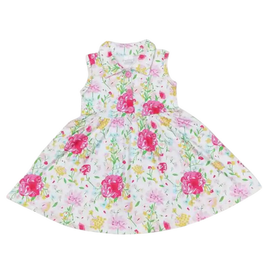 FLORAL Pink & Yellow Blossomed Sleeveless Dress with Collar