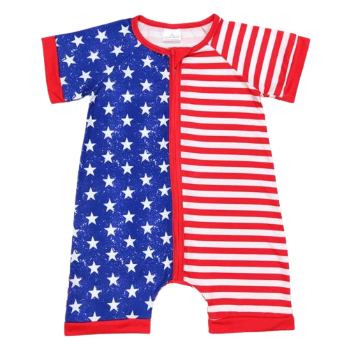 Flag Red White Blue Stripe - Baby Zip Up Romper 4th of July