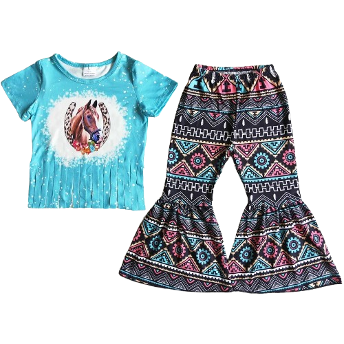 Horse Aztec Geo Floral Western Bell Bottom Outfit Kids Girls