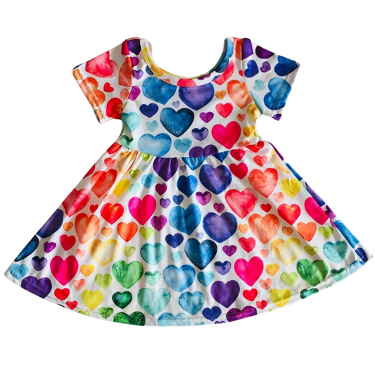 Summer Whimsical Dress Rainbow Watercolor Hearts - Kids