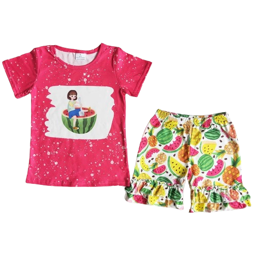 Girl Digging a Watermelon Outfit Whimsical Short Sleeve Shirt and Shorts - Kids Clothing