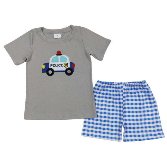 Summer Police Car Gingham Outfit Colorful Short Sleeve Shirt and Shorts - Kids Clothes
