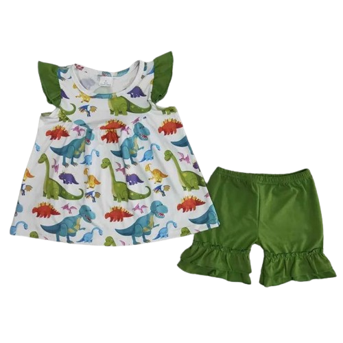 Summer Whimsical Dinosaur Flutter Sleeve Top & Ruffle Shorts
