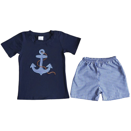 Navy Anchors Away Outfit 4th of July Short Sleeve Shirt and Shorts - Kids Clothing