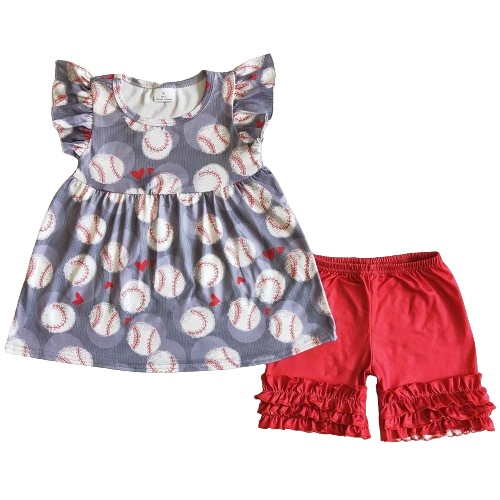 Baseballs and Ruffles Outfit Whimsical Summer Shorts Outfit - Kids Clothing