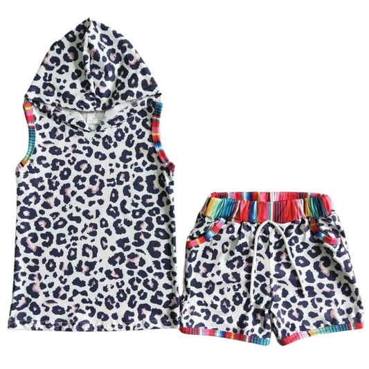 Leopard Serape Stripe Hooded Outfit Southwest Sleeveless Shirt and Shorts - Kids Clothing