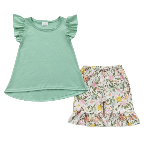 Summer Mint Flutter Sleeve Floral Summer Shorts Outfit -Kids