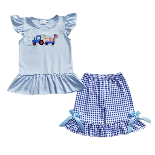 Patriotic Tractor Cutie Outfit 4th of July Short Sleeve Shirt and Shorts - Kids Clothing
