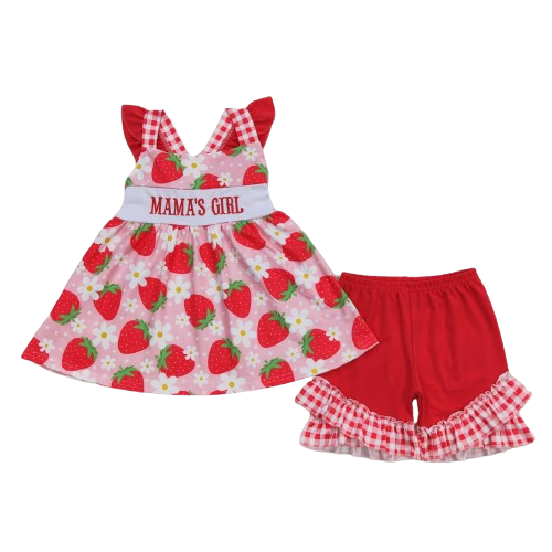 Mama's Girl Strawberry Gingham Ruffle Shorts Set Summer