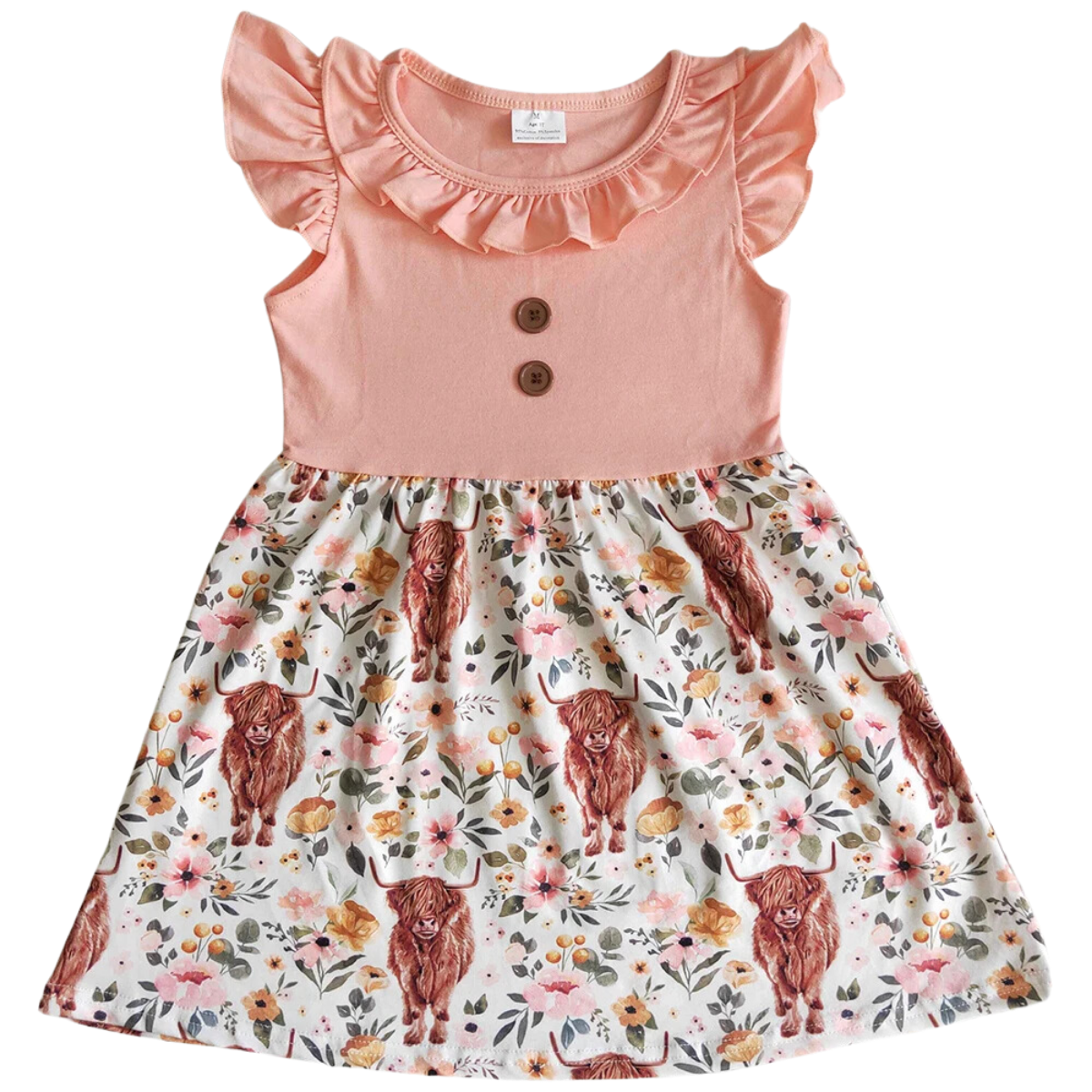 FLORAL HIGHLAND COW Sleeveless Ruffle Trim Dress