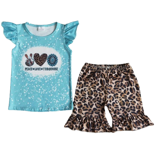 $6.00 Sale Peace Love Turquoise Leopard Print Outfit Southwest Short Sleeve Shirt and Shorts - Kids Clothing
