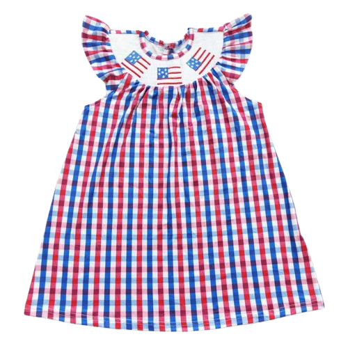 Flag Red White Blue Plaid - Flutter Sleeve Dress 4th of July