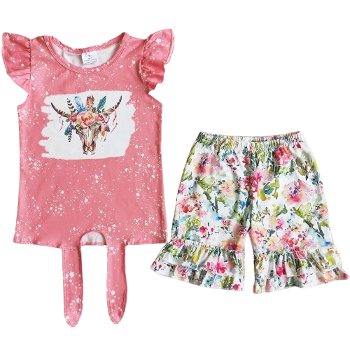 Summer  Floral Steer Skull Flutter Outfit Southwest Short Sleeve Shirt and Shorts - Kids Clothes