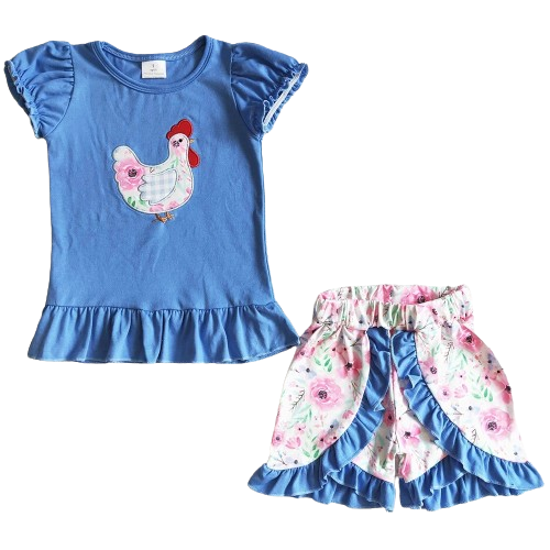 Floral Chicken Applique Outfit Southwest Short Sleeve Shirt and Shorts - Kids Clothing