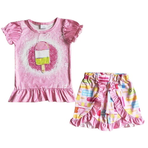 Summer  Pink Popsicles Ruffle Accent Outfit Whimsical Short Sleeve Shirt and Shorts - Kids Clothes