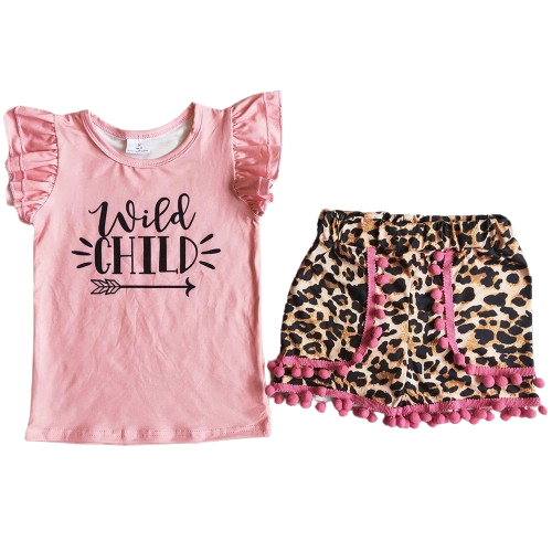 Girls Summer Shorts Outfit - WILD CHILD Pink Leopard Western