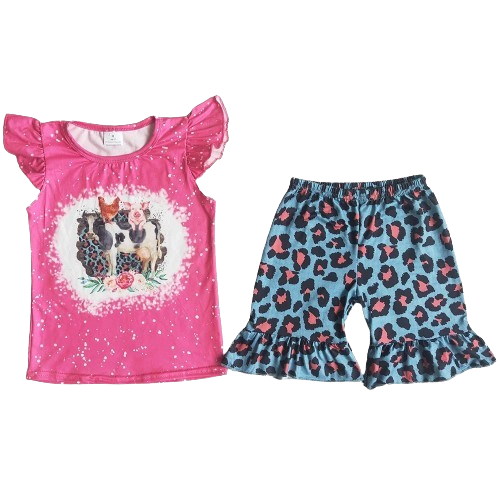 Girls Summer Shorts Outfit - Pink Turquoise Cow Western Kids
