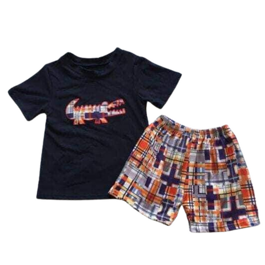 Preppy Plaid Gator Outfit Colorful Short Sleeve Shirt and Shorts - Kids Clothing