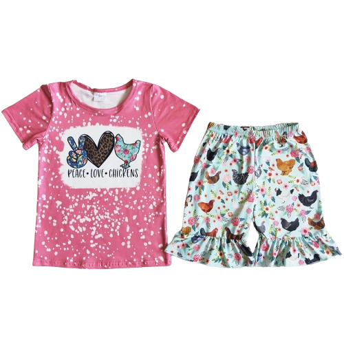 Summer Peace Love Chickens Farm Outfit Western Short Sleeve Shirt and Shorts - Kids Clothes
