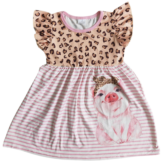 Girls Western Summer Dress - Leopard Flutter Sleeve Pig Kids