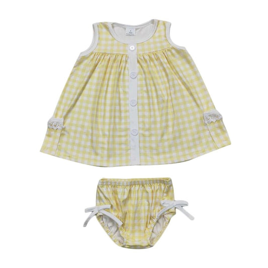 PLAID LAYETTE Yellow Sleeveless Lace Trim Top & Bummie Set