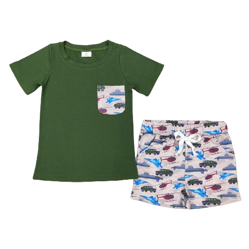 Boys Kids Summer Shorts Outfit - Plane Helicopter Truck