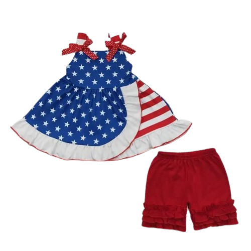 Asymmetric Hem Stars & Stripes Outfit 4th of July Sleeveless Shirt and Shorts - Kids Clothing