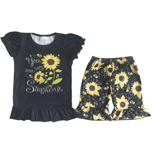 Black Sunflower Flutter Sleeve Outfit Southwest Short Sleeve Shirt and Shorts - Kids Clothing